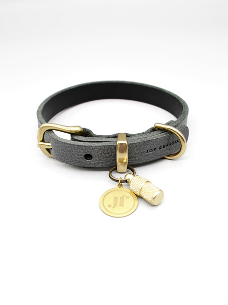 Hundehalsband Leder Farbe Dunkelgrau mit Adressanhaenger und Messing Verschluss verstellbar