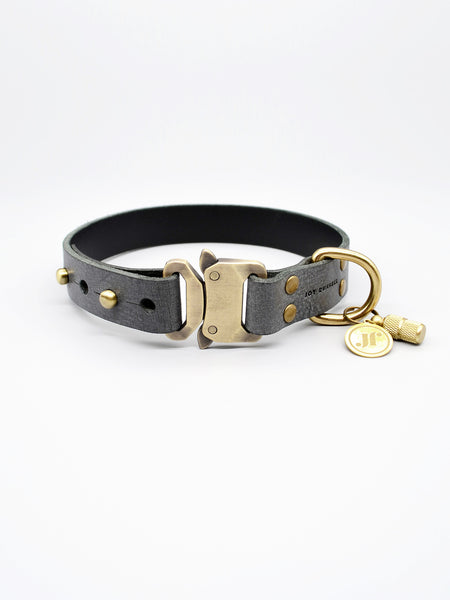 Hundehalsband Leder Farbe Dunkelgrau mit Schnellverschluss aus Messing Massangefertigt mit Namen personalisierbar