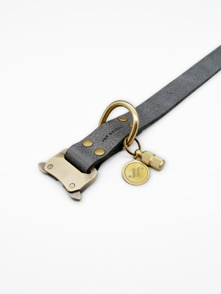 Hundehalsband Leder Farbe Dunkelgrau mit verstellbarem Schnellverschluss und Adressanhaenger aus Messing