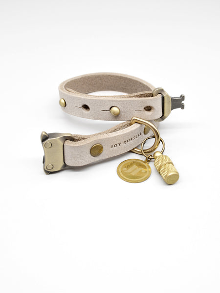 Hundehalsband Leder Farbe Stein mit Schnellverschluss und Adressanhaenger