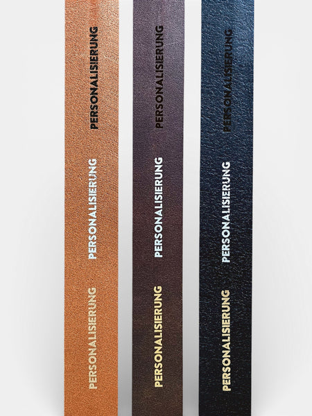 Lederguertel Farbe Schwarz Dunkelbraun und Cognac mit Folien-Praegung personalisierbar