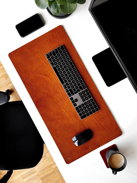 Schreibtischunterlage aus Leder Farbe Cognac, Lederunterlage fuer Laptop und Tastatur mit Personalisierung