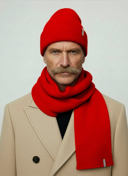 Strickmuetze und Schal aus Merinowolle Farbe Rot mit Lederpatch