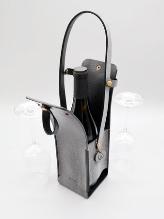 Weinträger aus Leder für Weinflasche und Weingläser inklusive Kellnermesser - ideales Picknickgeschenk