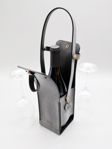Weinträger aus Leder für Weinflasche und Weingläser inklusive Kellnermesser - ideales Picknickgeschenk