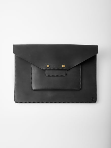 Laptoptasche Deluxe handgefertigt aus schwarzem Echtleder mit Druckknopfverschluss